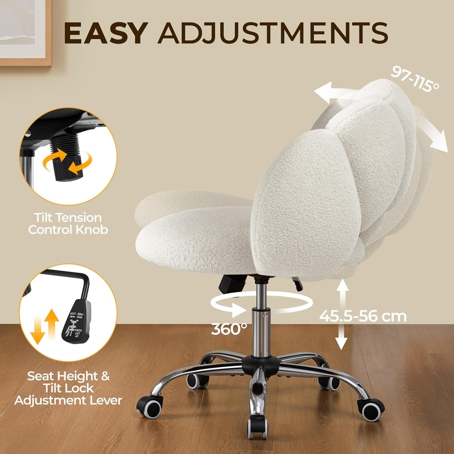 White Boucle Cloud Vanity Chair Swivel Adjustable Desk Chair with Wheels