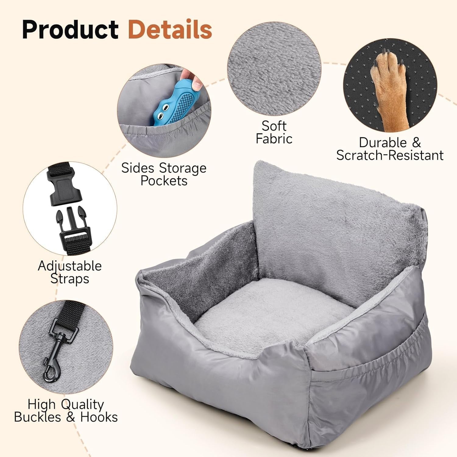 Waterproof Dog Car Booster Seat Travel Bed Safety Leash 55x50x35cm