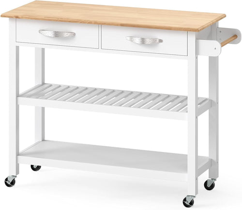 White Kitchen Island Trolley 116x43x89cm w/ Drawers Shelves Wheels