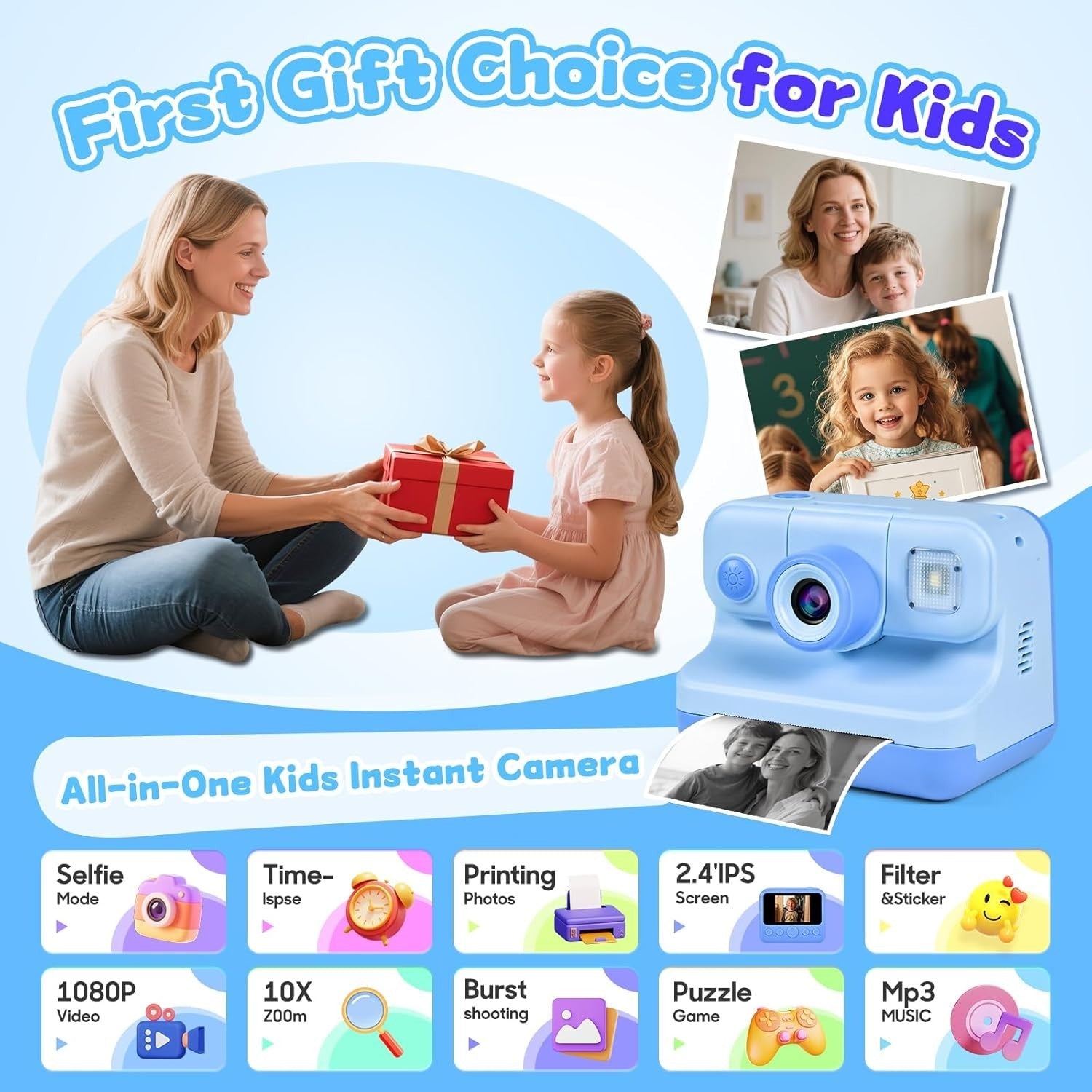 Kids Instant Print Camera 30MP 1080P HD Selfie Camera 32GB Toy Gift