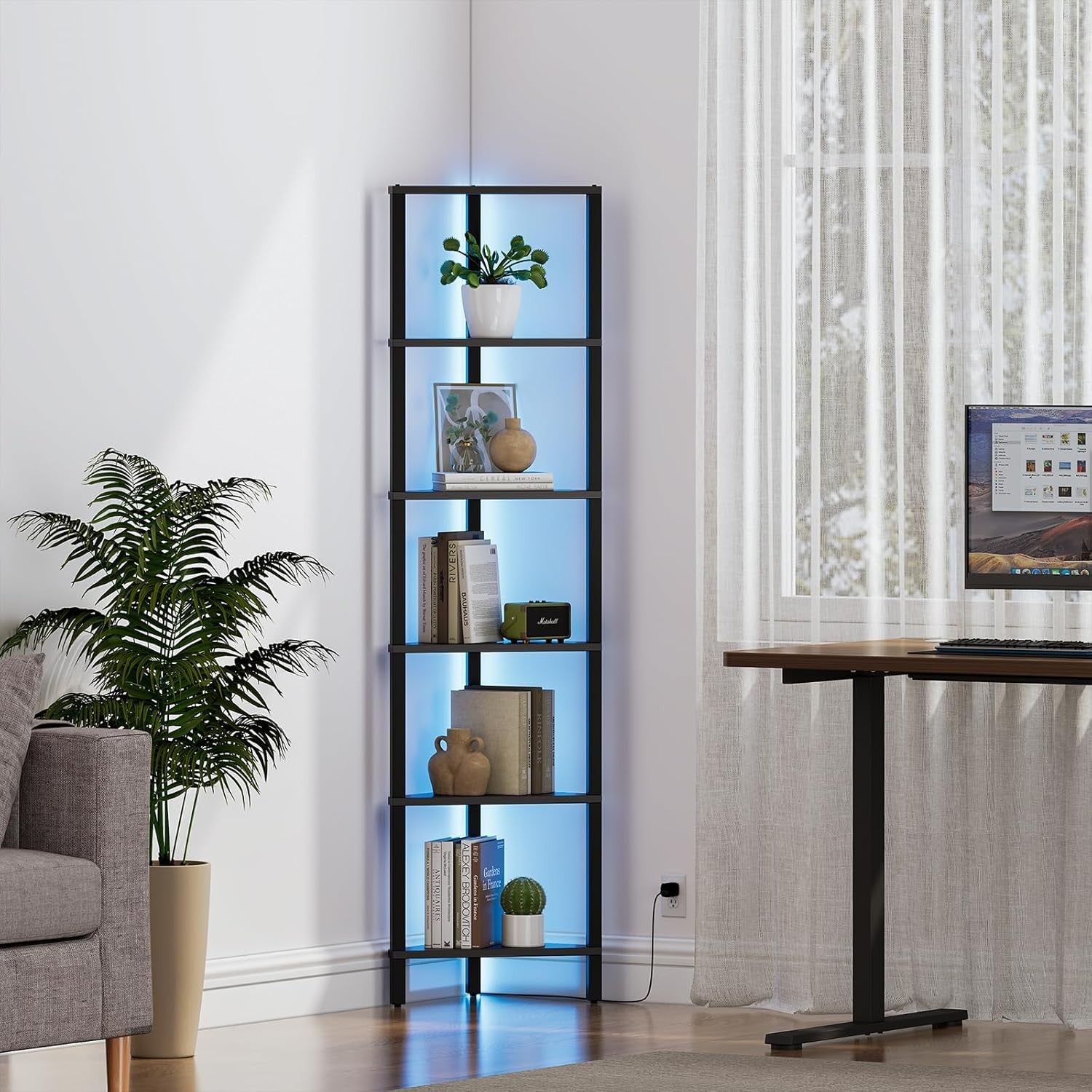 Modern 6-Tier LED Corner Shelf Unit | Space-Saving Display Rack for Living Room