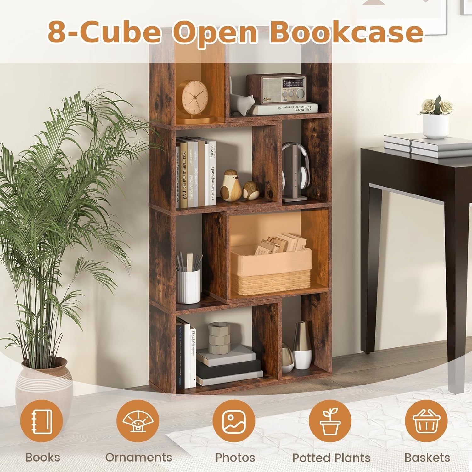 5-Tier Geometric Bookcase Rustic Brown Tall Cube Storage Shelf for Home Office