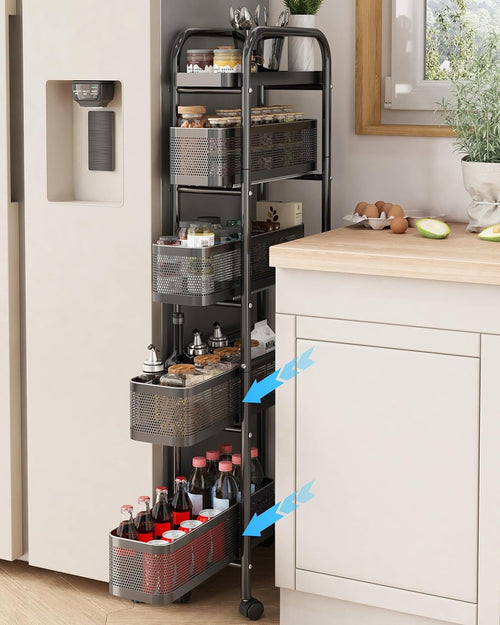 Slim Kitchen Storage Trolley 5 Tier Pull Out Drawers on Wheels Narrow Cart