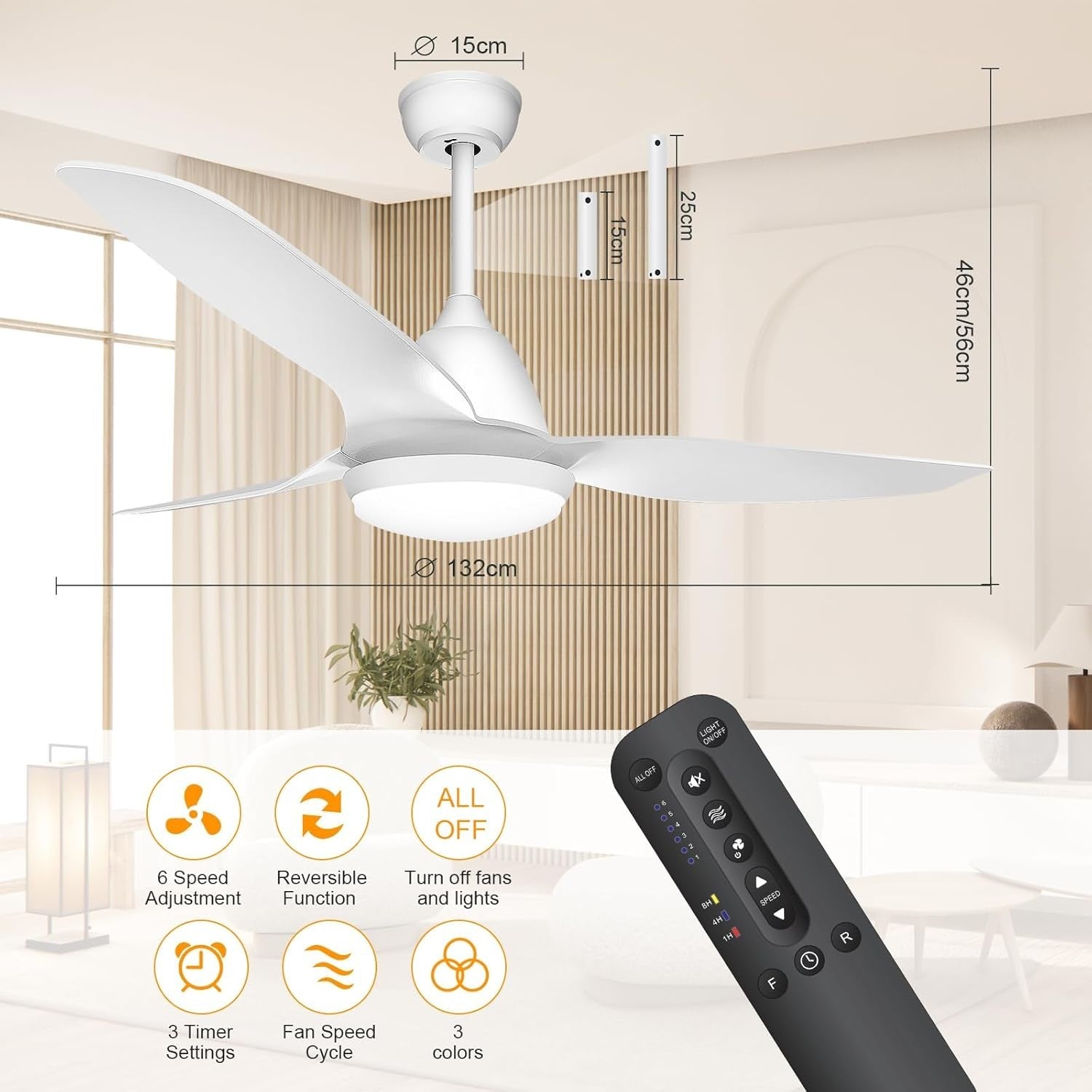 Ceiling Fan with Light White – Remote Dimmable LED Reversible Timer Quiet Mode