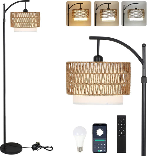 Arc Floor Lamp Remote Control Dimmable Boho Rattan Linen Shade Reading Light