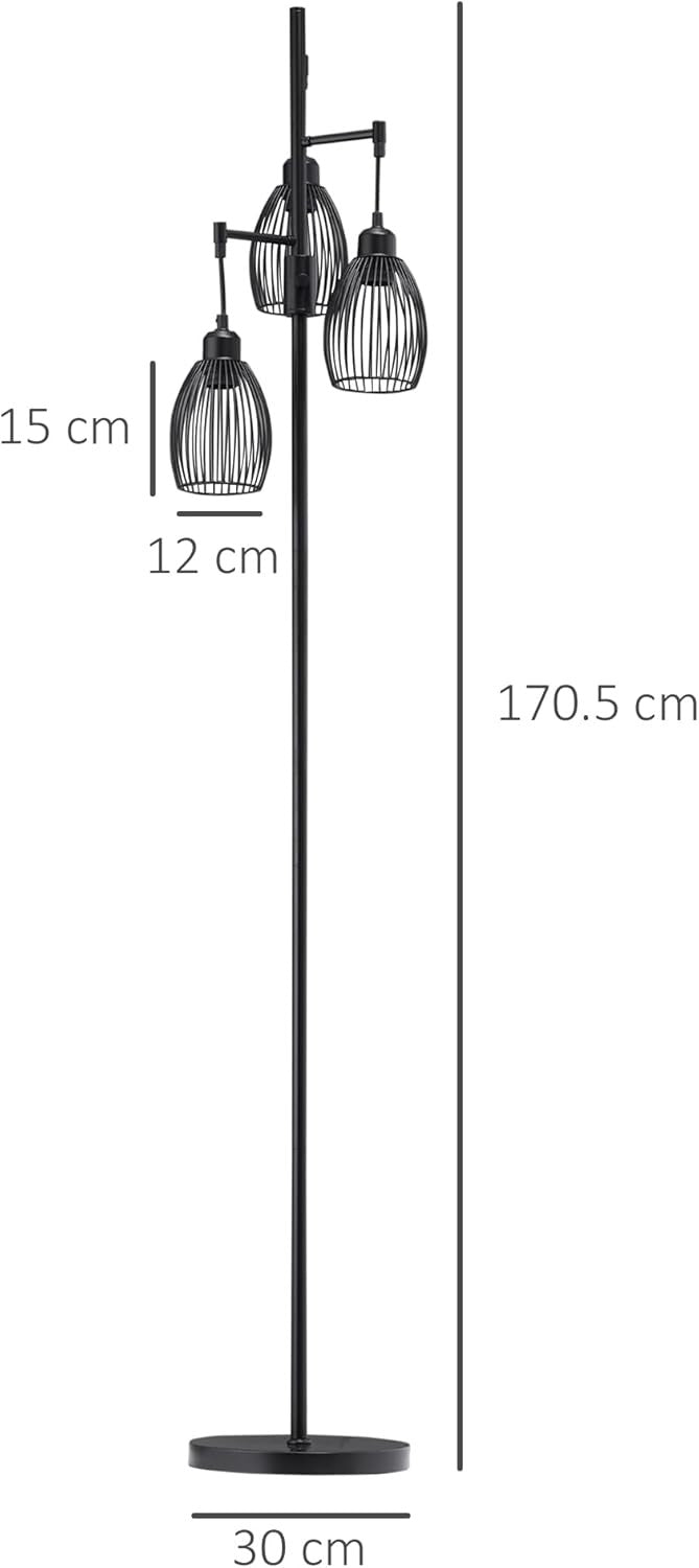Industrial 3 Light Floor Lamp Dimmable Steel Cage Standing Lamp Black