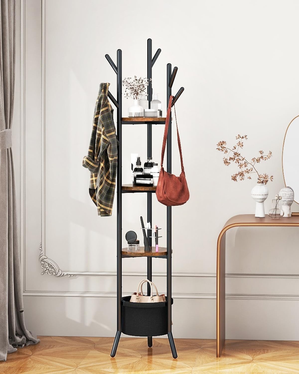 Rustic Brown Freestanding Coat Rack with Shelves | 169cm Hall Tree Stand