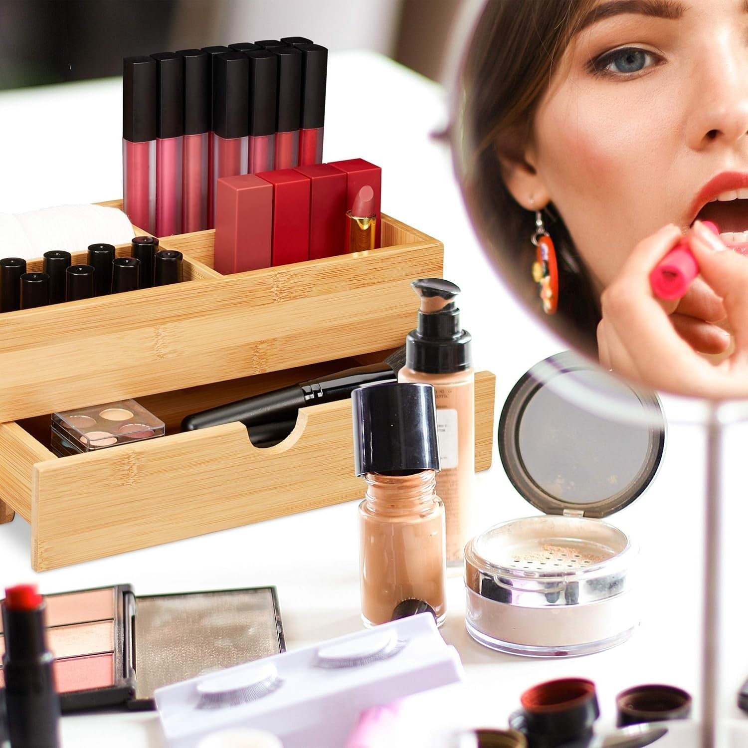 Multifunctional Bamboo Desk Organizer with Drawer 4 Compartments for Makeup