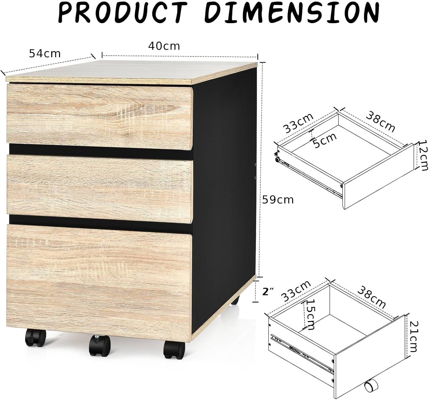 Lockable 3 Drawer Mobile Filing Cabinet Under Desk Office Storage Black
