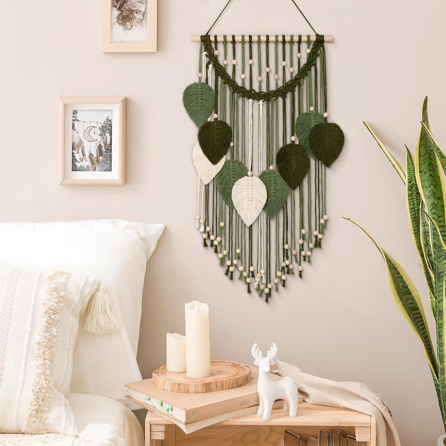 Macrame Wall Hanging Boho Leaf Woven Decor Green & White