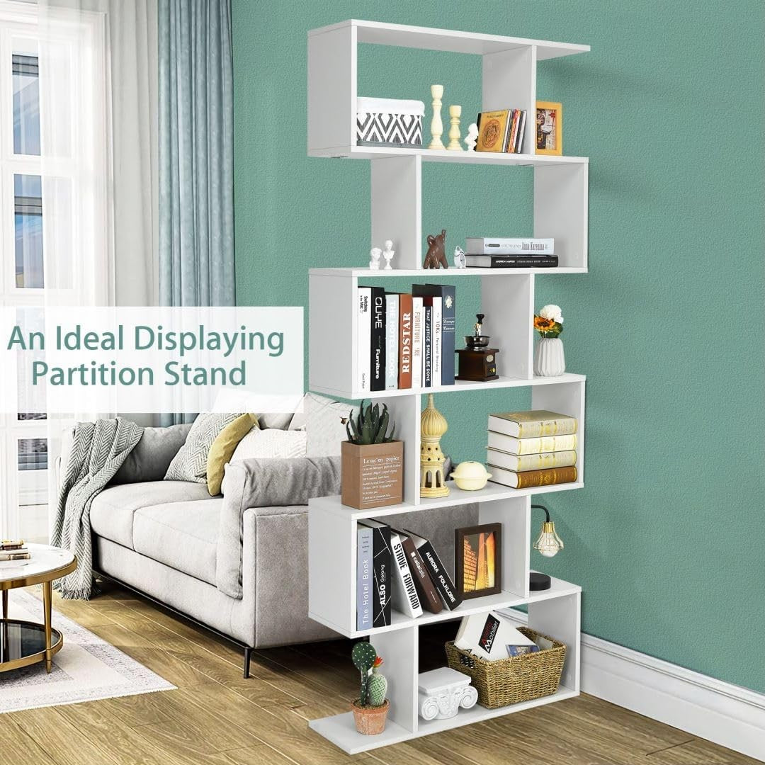 S-Shaped 6-Tier White Bookcase Modern Freestanding Storage Shelf Unit