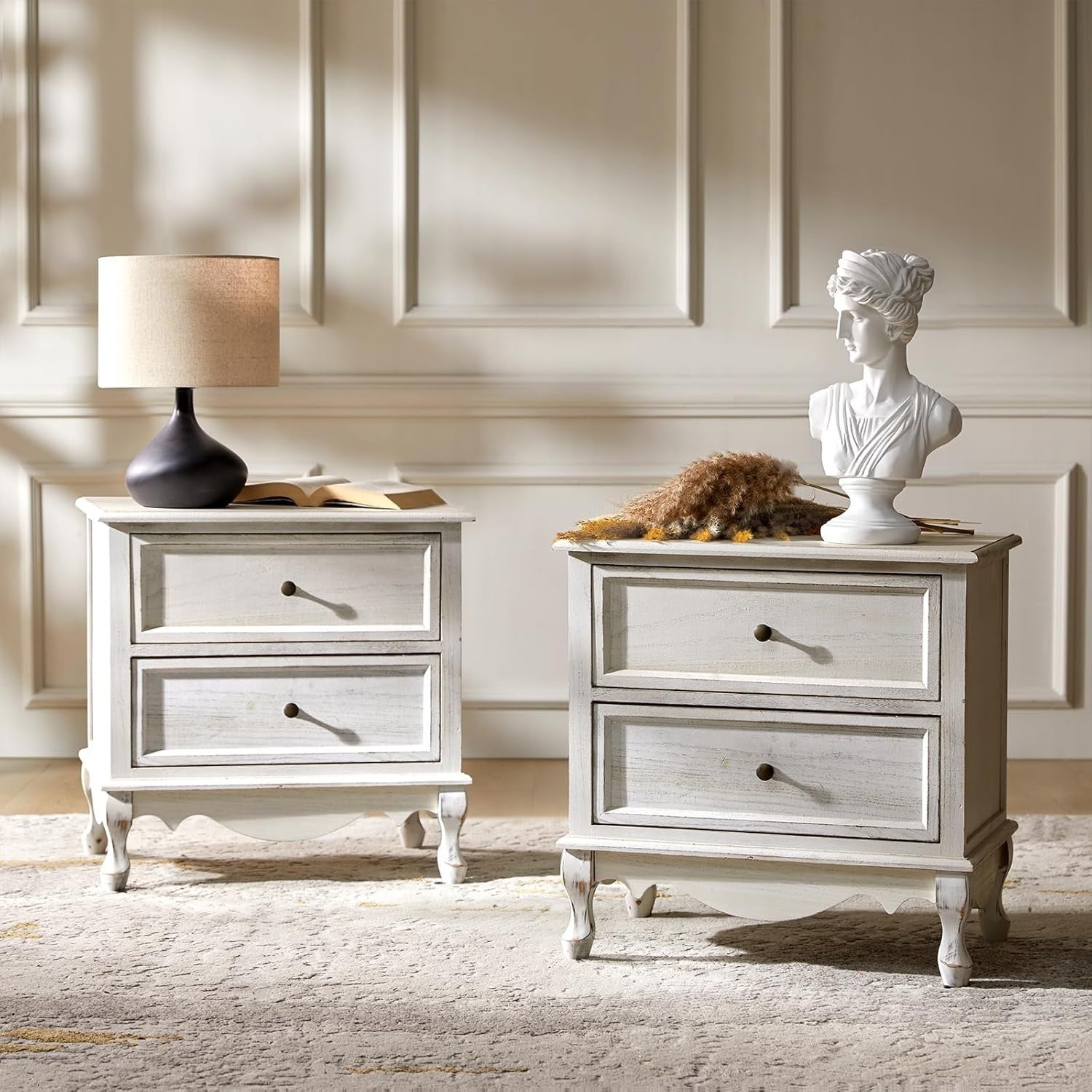 White Wooden Bedside Table with 2 Drawers – Elegant French Country Nightstand