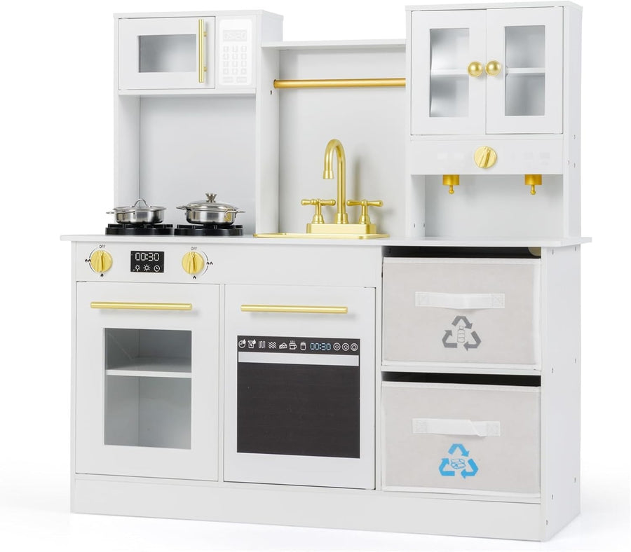 Large Wooden Kids Play Kitchen White w/ Lights Sounds Microwave