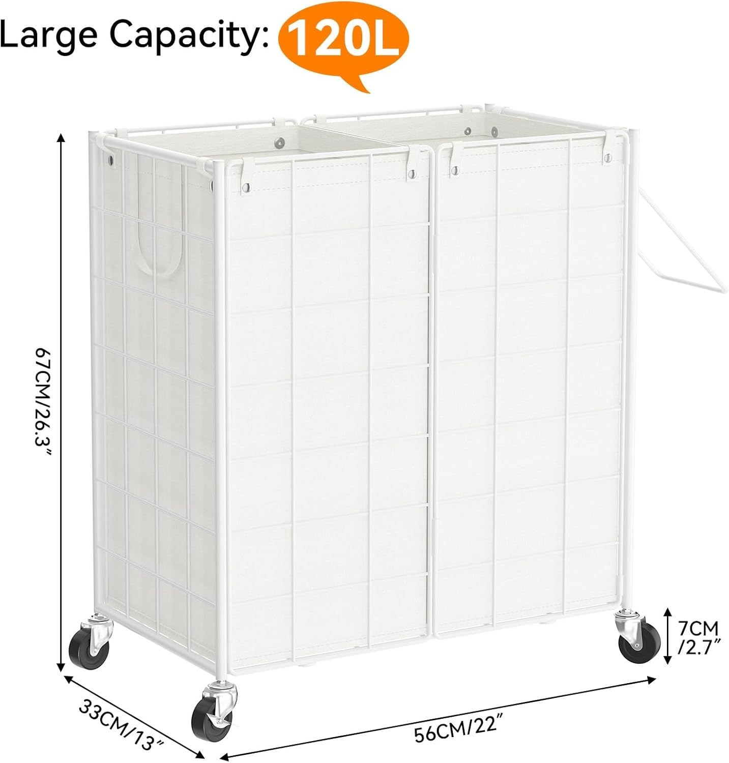 120L Double Rolling Laundry Hamper White Metal Frame with 2 Removable Bags