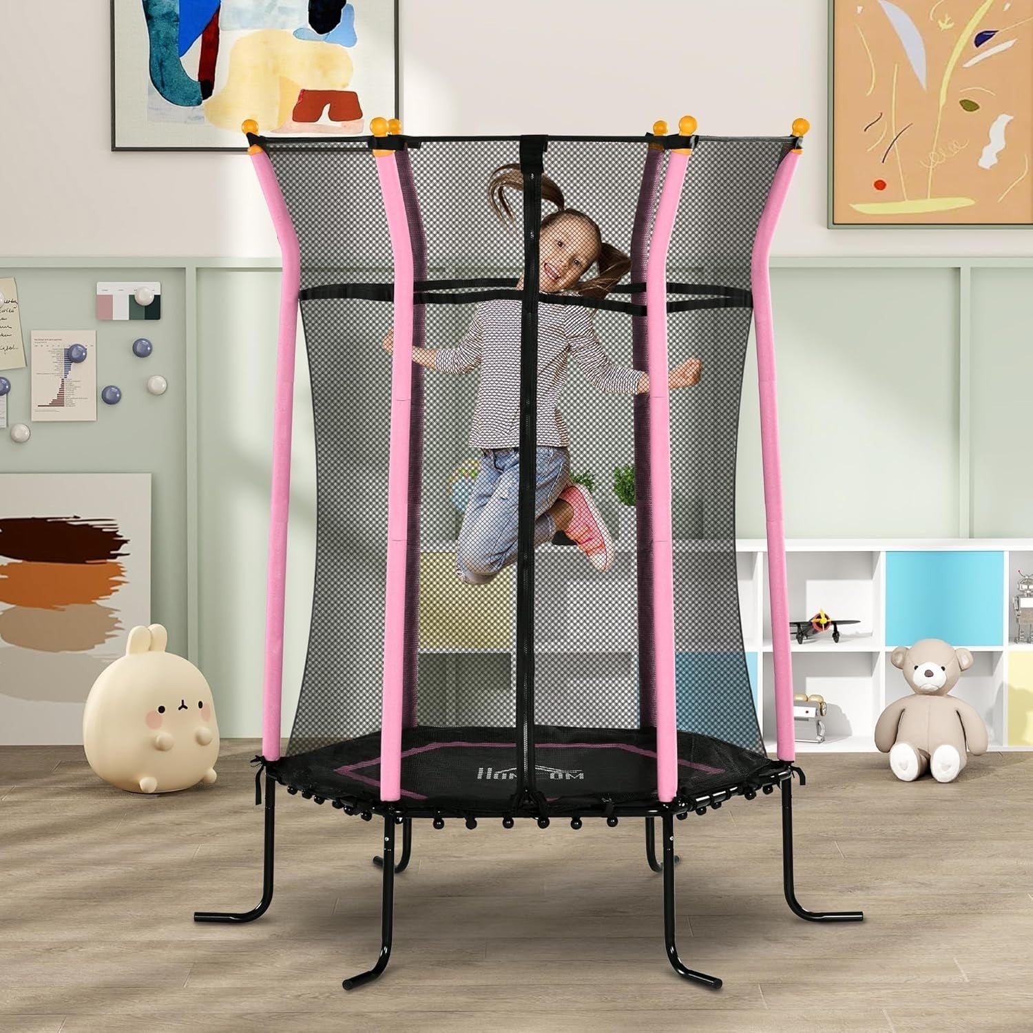 5.4FT Kids Trampoline Safety Enclosure Springless Indoor Pink