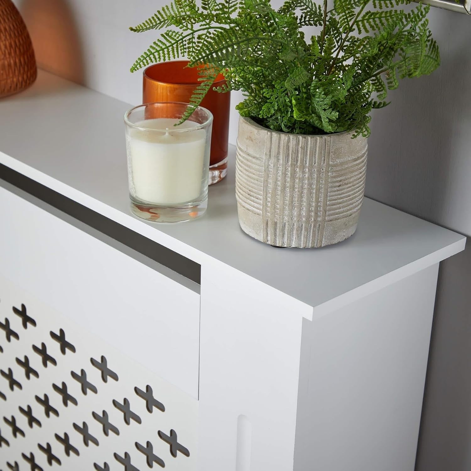 White Radiator Cover Small 78cm Wooden Cabinet with Decorative Grill & Shelf