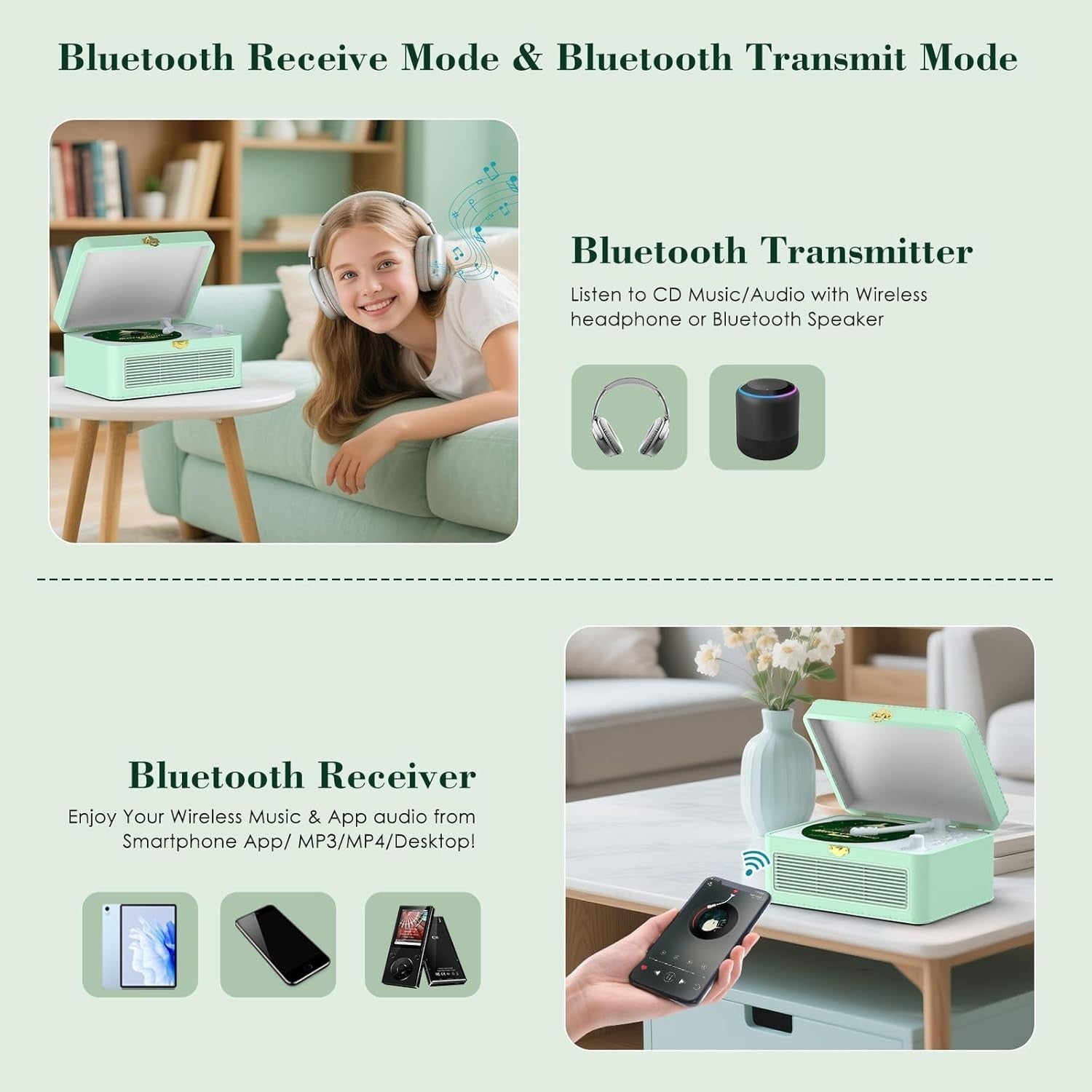 Retro Bluetooth CD Player FM Radio USB AUX HiFi Speakers Green PU