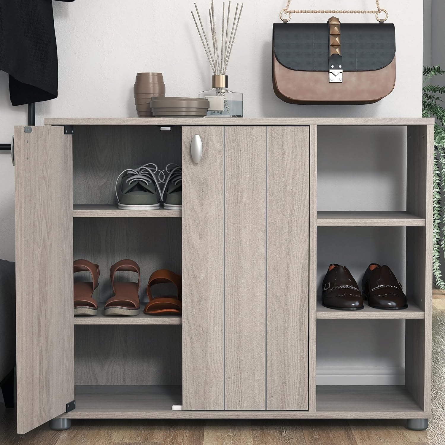 Warm Grey Oak 2-Door Shoe Cabinet 12-Pair Storage 79.6x35.3x64.6cm