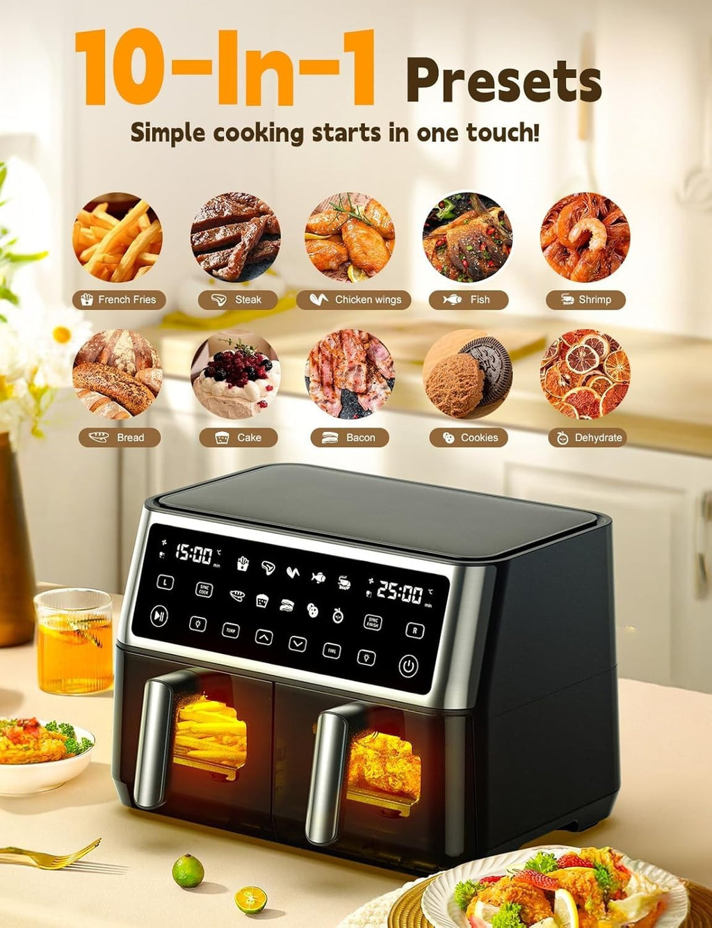 10L Dual Air Fryer with Window 2 Drawers 10 Presets Sync Cook Touchscreen