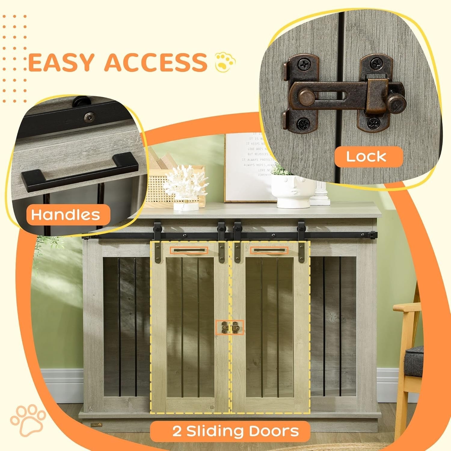 Large Grey Dog Crate Furniture with Divider, Sliding Doors & Side Table 120x60x8