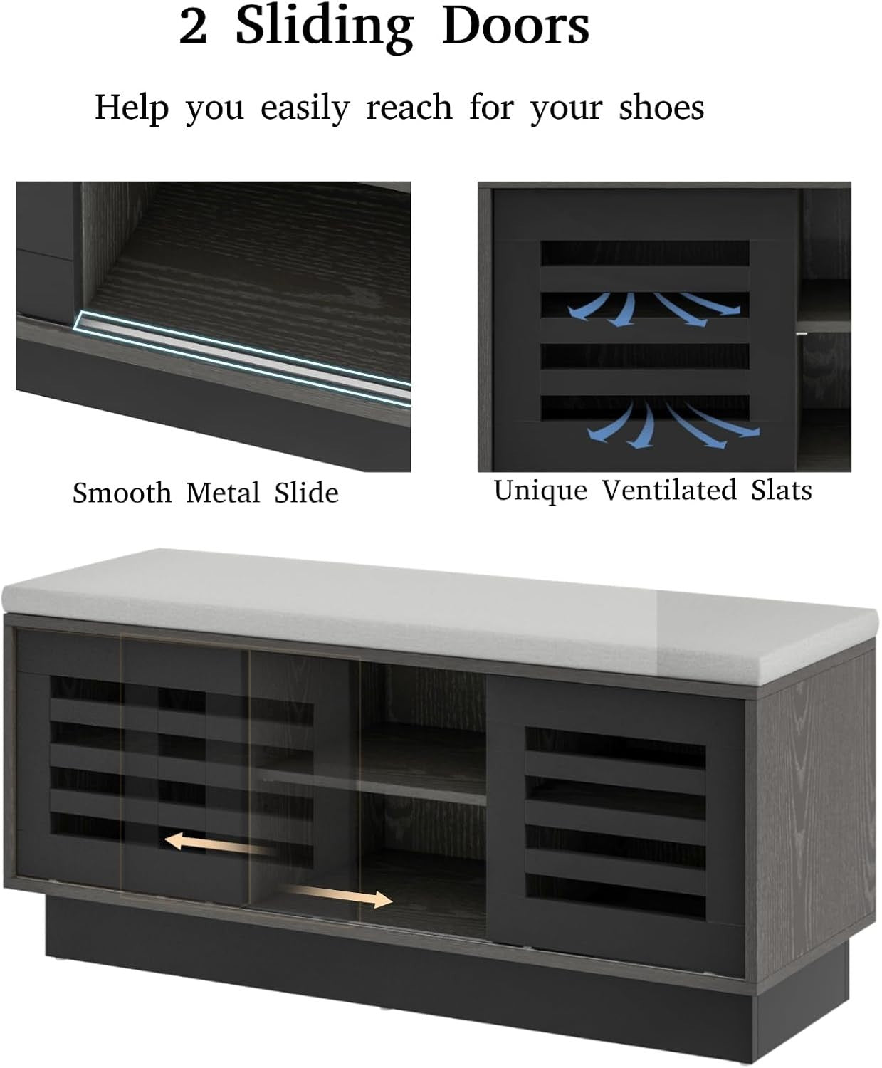 6-Compartment Grey Shoe Bench with Cushion & Adjustable Shelves for Home