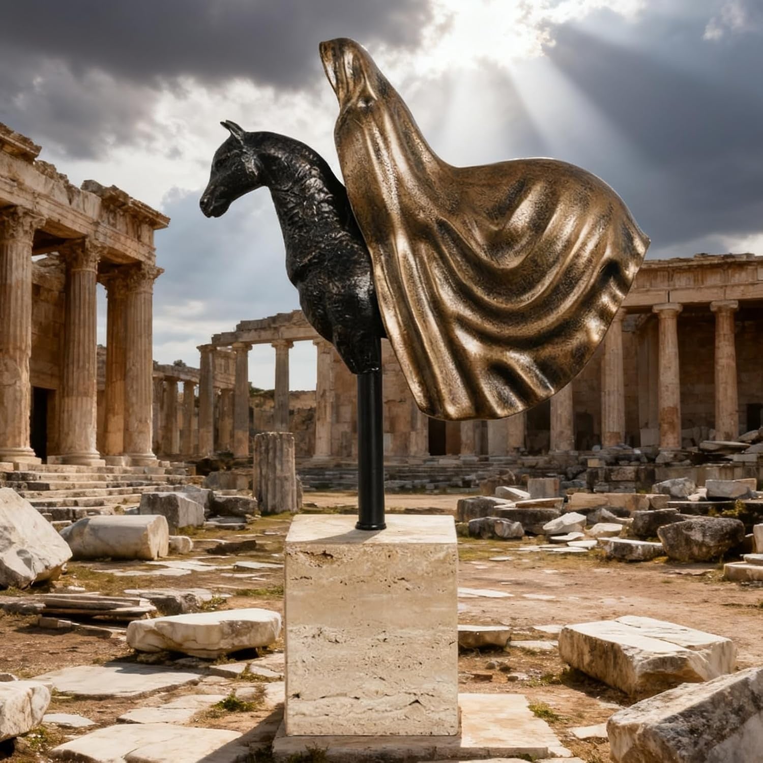 Resin Horse Sculpture with Marble Base 35cm Tabletop Decor