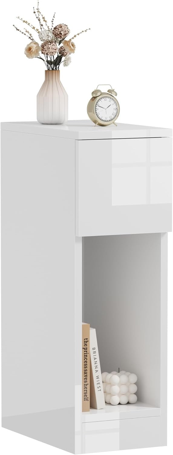 Slim White Bedside Table with Drawer & Shelf – Modern Narrow Nightstand