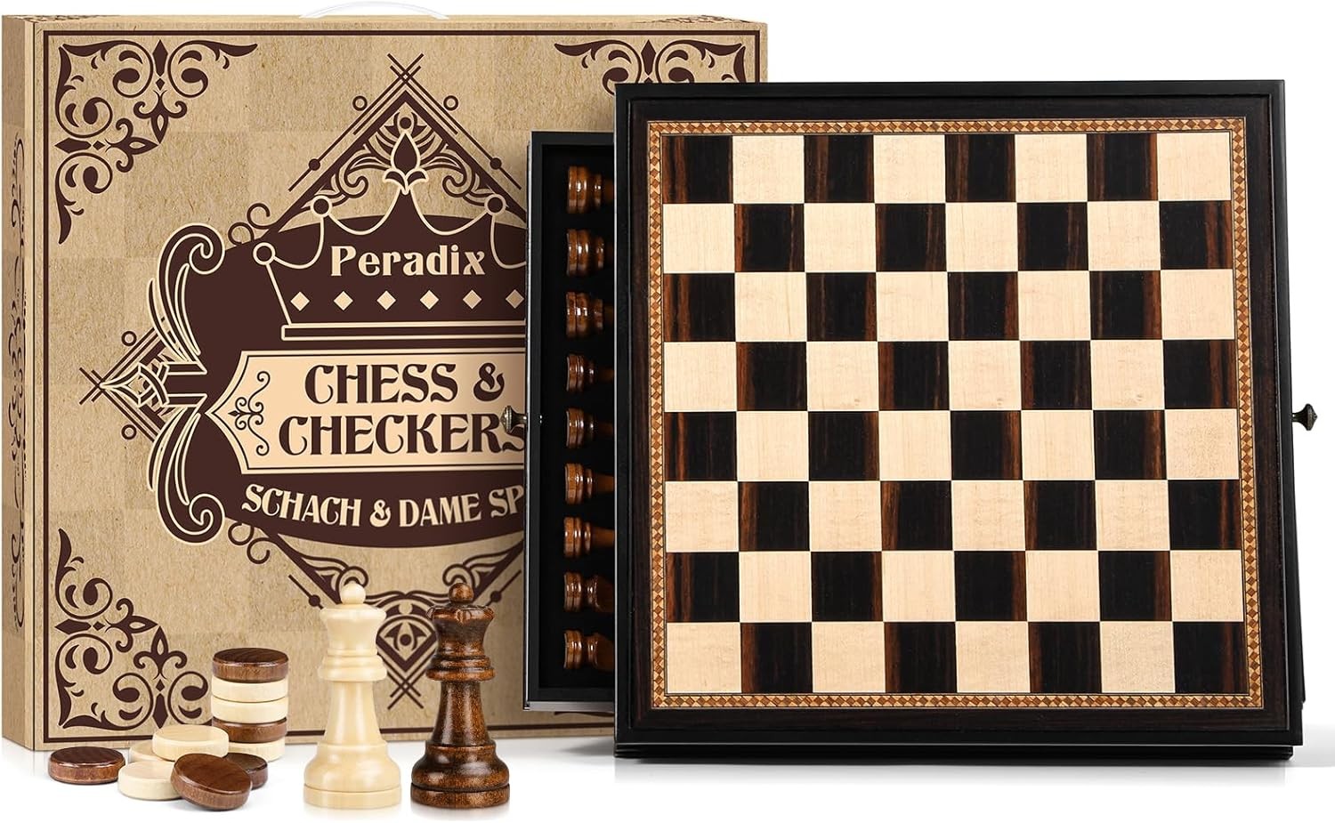 Large 38cm Wooden Magnetic Chess & Checkers Set w/ 2 Drawers & Extra Queens