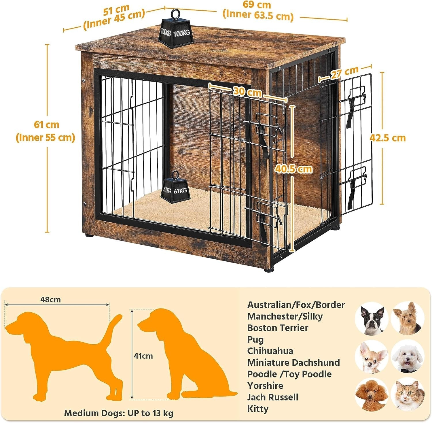 Rustic Brown Small Dog Crate Furniture with Cushion & Double Doors 69x51x61cm