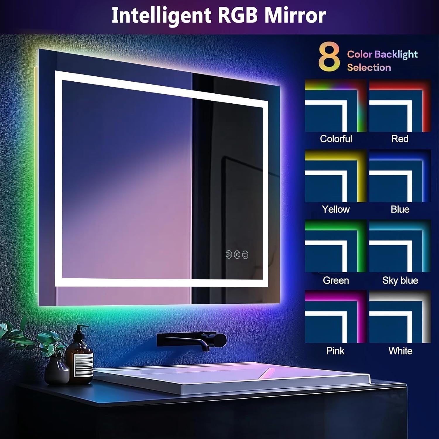LED Bathroom Mirror 70x50cm RGB Anti-Fog Touch Sensor Light Up