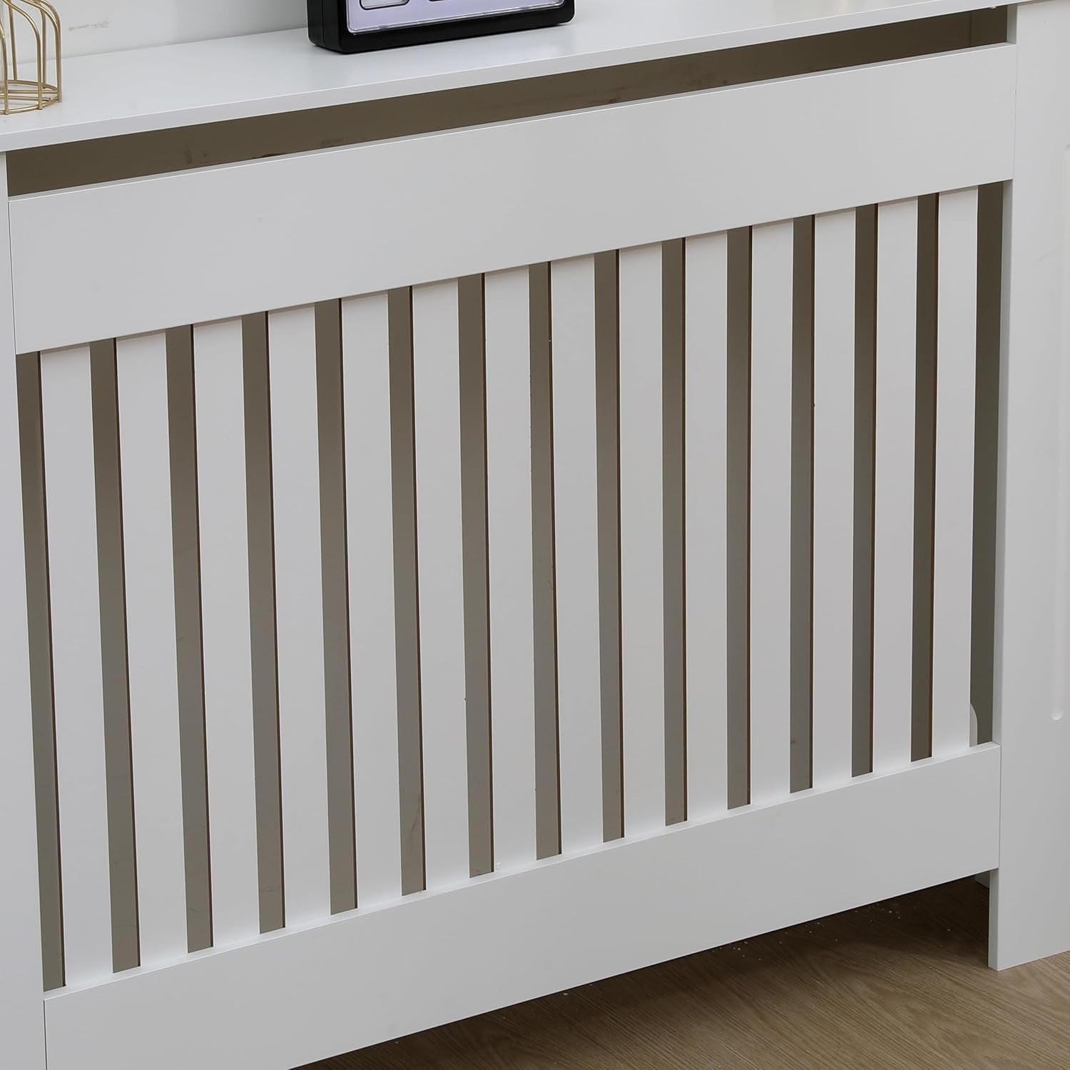 White Radiator Cover Medium MDF Wood Vertical Slat Cabinet Shelf 112cm Modern