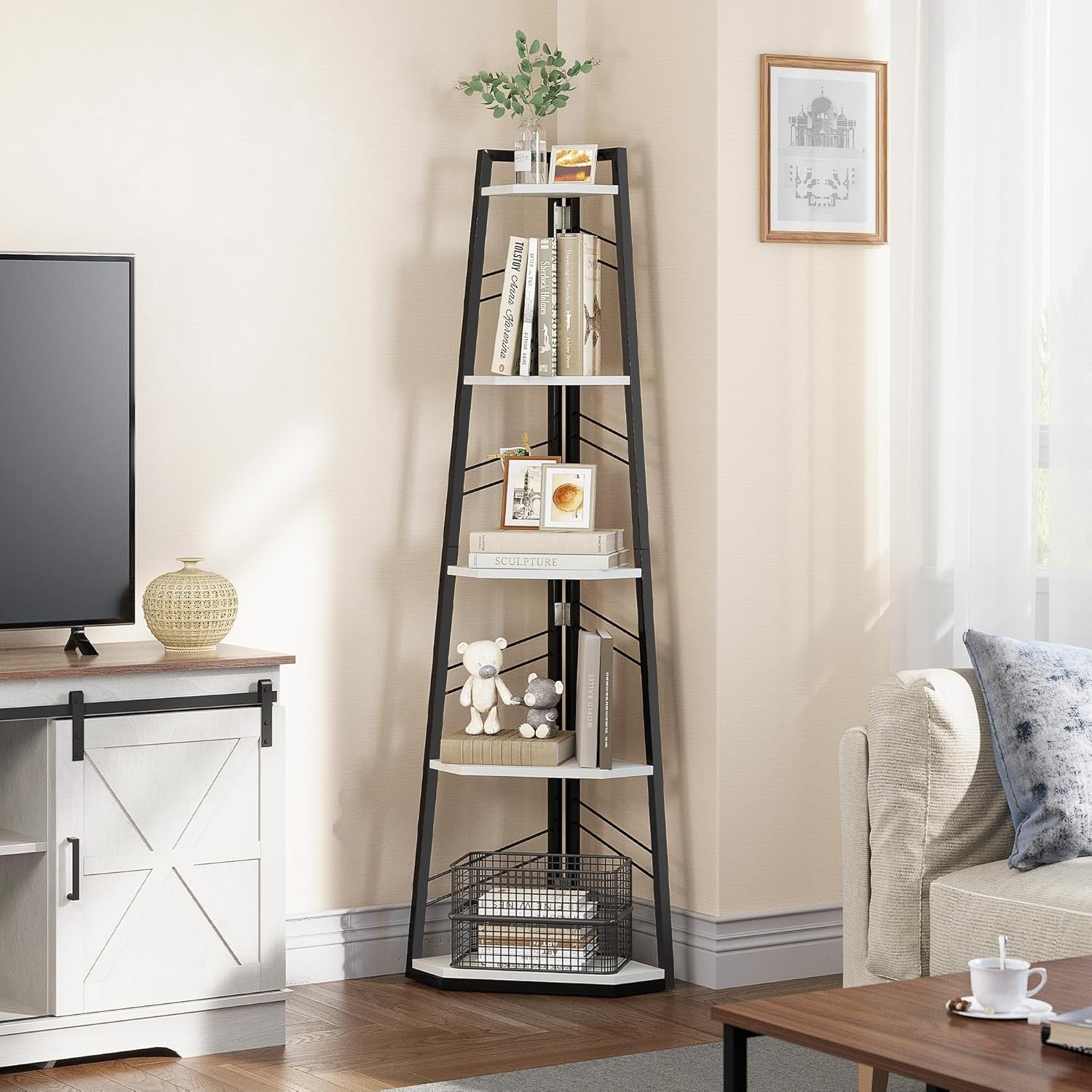 Modern 5-Tier Corner Bookshelf Ladder Unit Space-Saving Display Shelf White