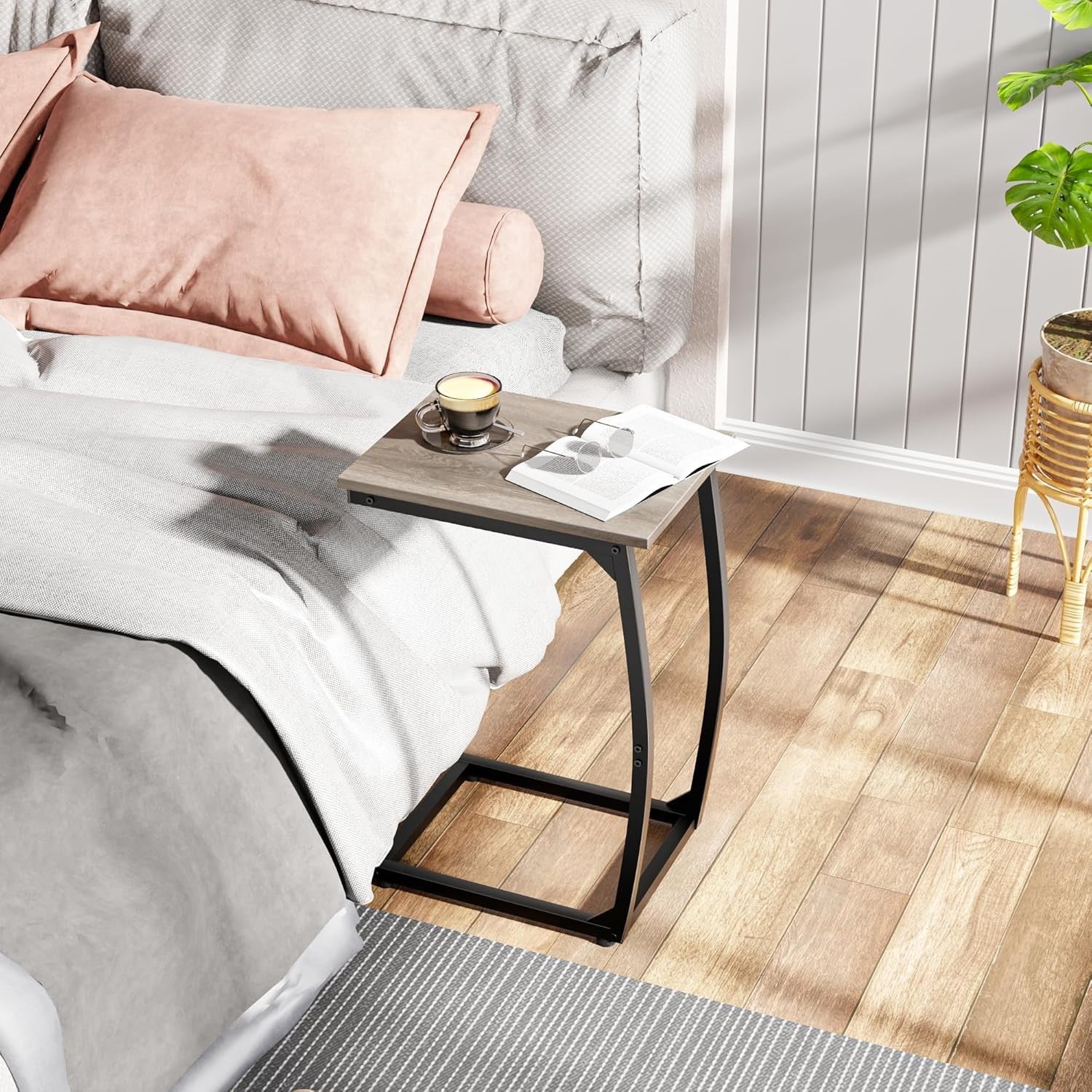 C Shaped Side Table Set of 2 Sofa TV Tray Tables Narrow Couch Snack Desk