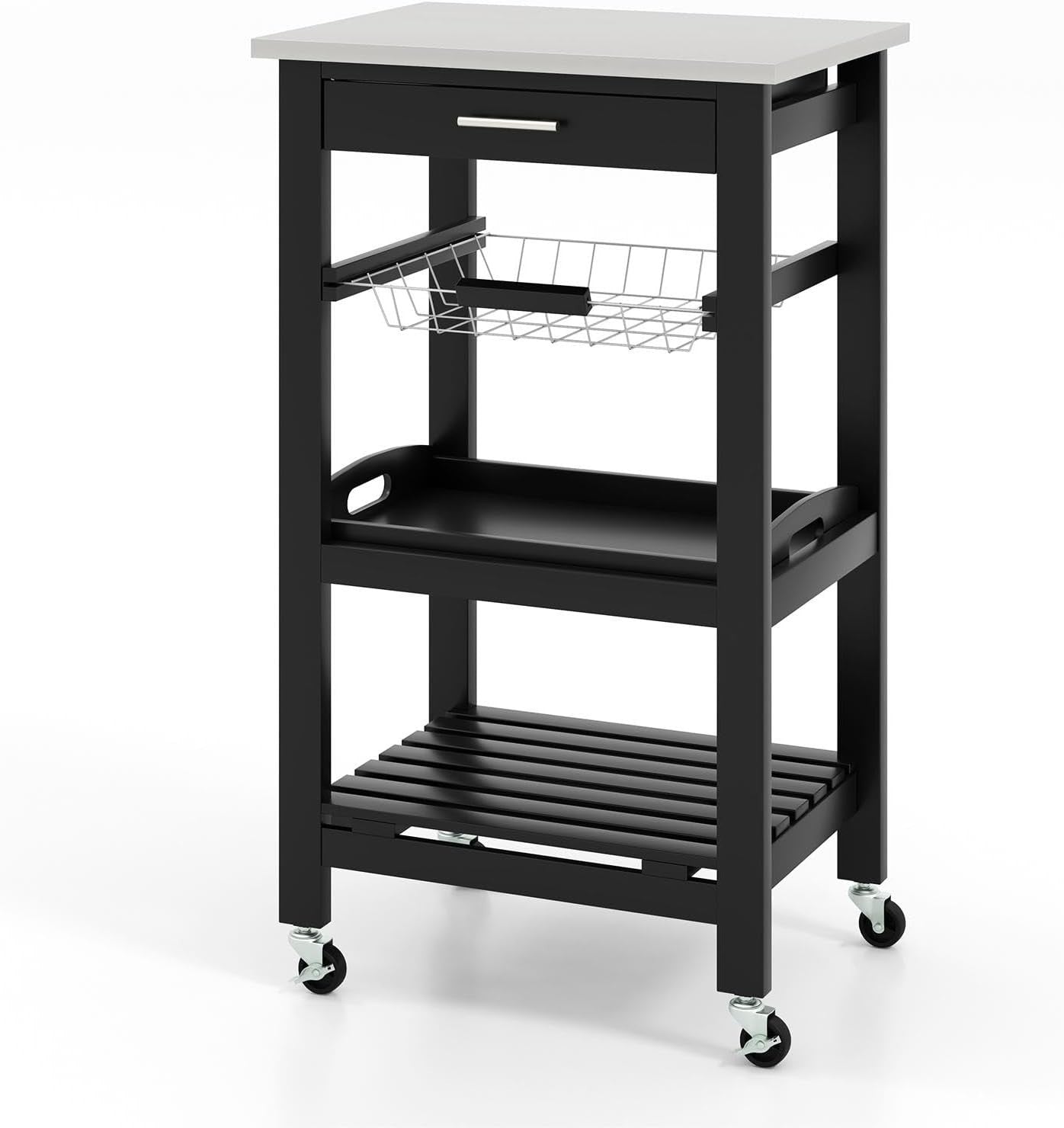 Black Kitchen Trolley on Wheels w/ Stainless Steel Top