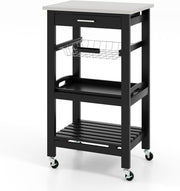 Black Kitchen Trolley on Wheels w/ Stainless Steel Top