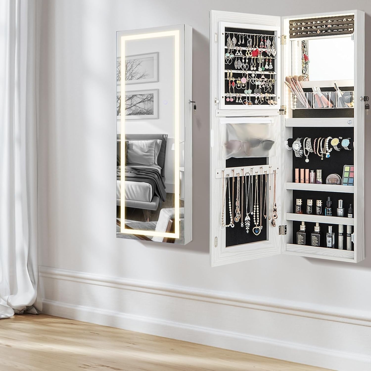 LED Jewelry Cabinet Wall or Door Mount Lockable Mirror Storage White