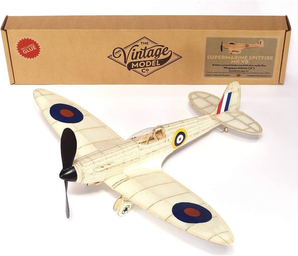 Vintage Rubber-Powered Spitfire Model Plane Kit – Balsa Wood, 460mm Wingspan