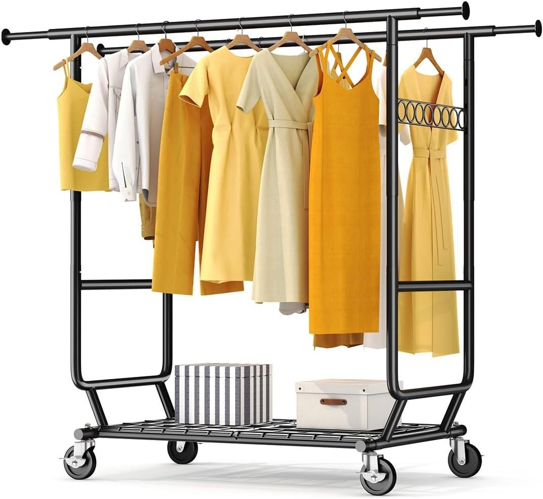 Heavy Duty Double Rail Clothes Rack 650lbs Extendable Black