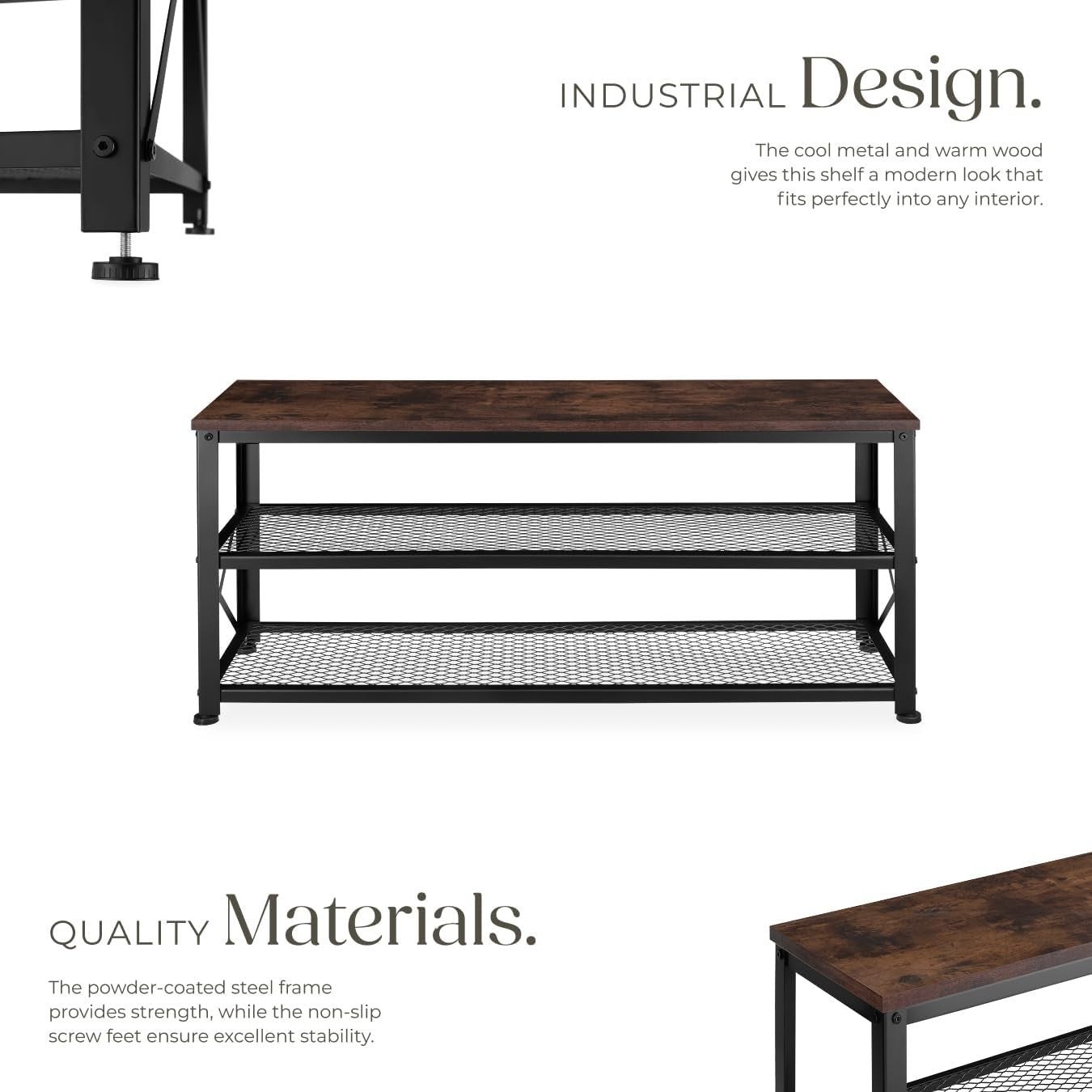 Space-Saving 3-Tier Shoe Rack with Dark Wood Shelf & Sturdy Steel Frame