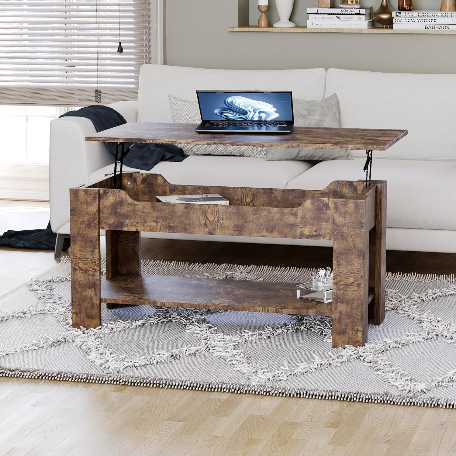 Lift Up Coffee Table with Hidden Storage & Shelf, Modern Dark Wood 100cm