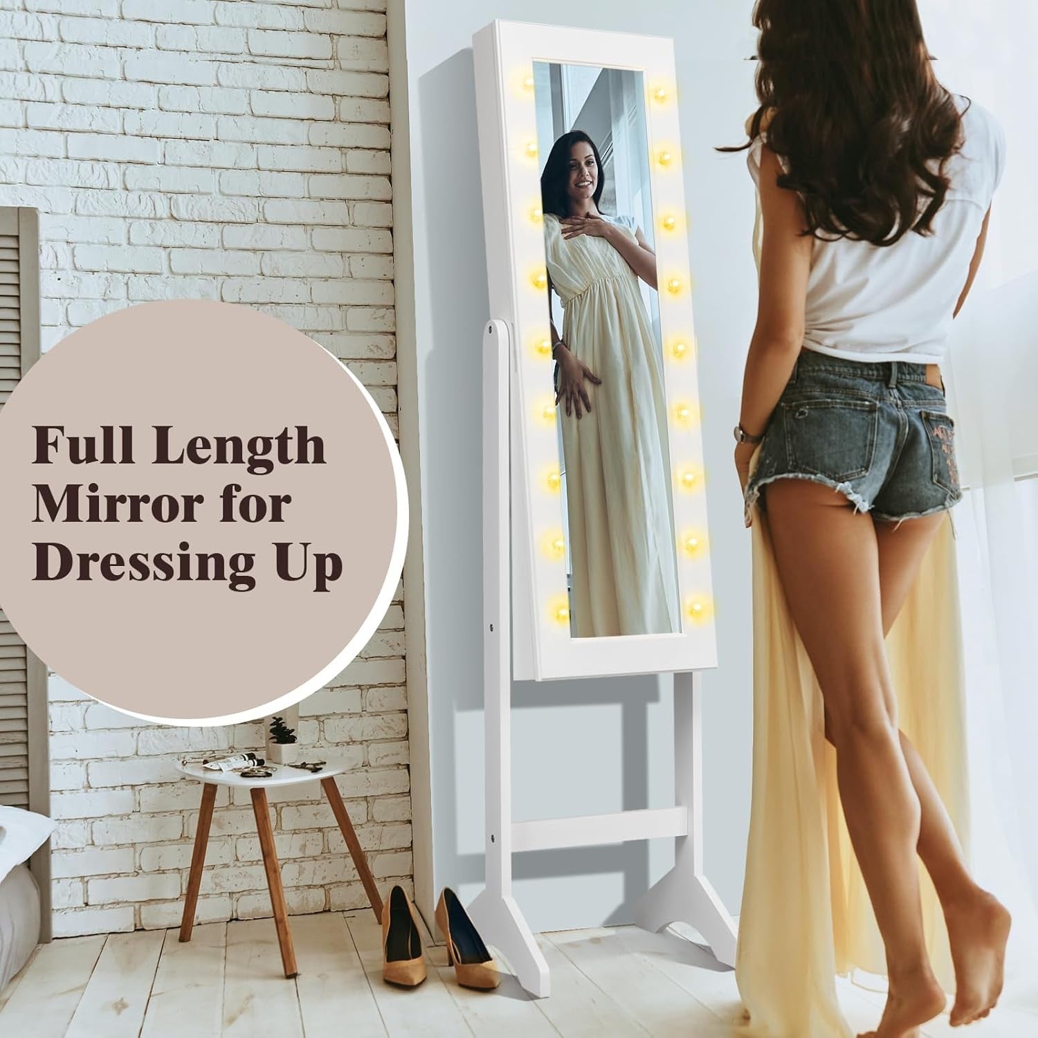 LED Full Length Mirror Jewelry Armoire Adjustable Standing Storage White