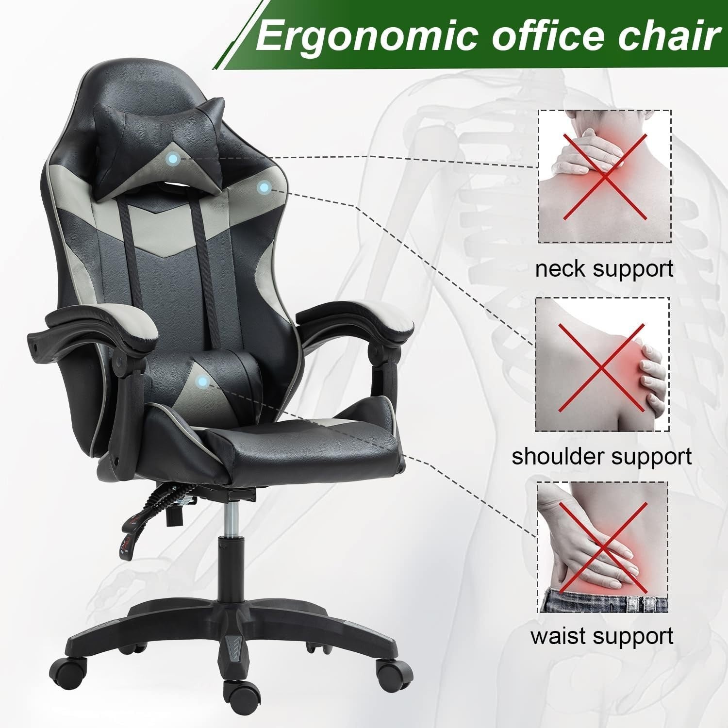 Ergonomic Grey Gaming Chair Swivel Faux Leather Adjustable Lumbar Office