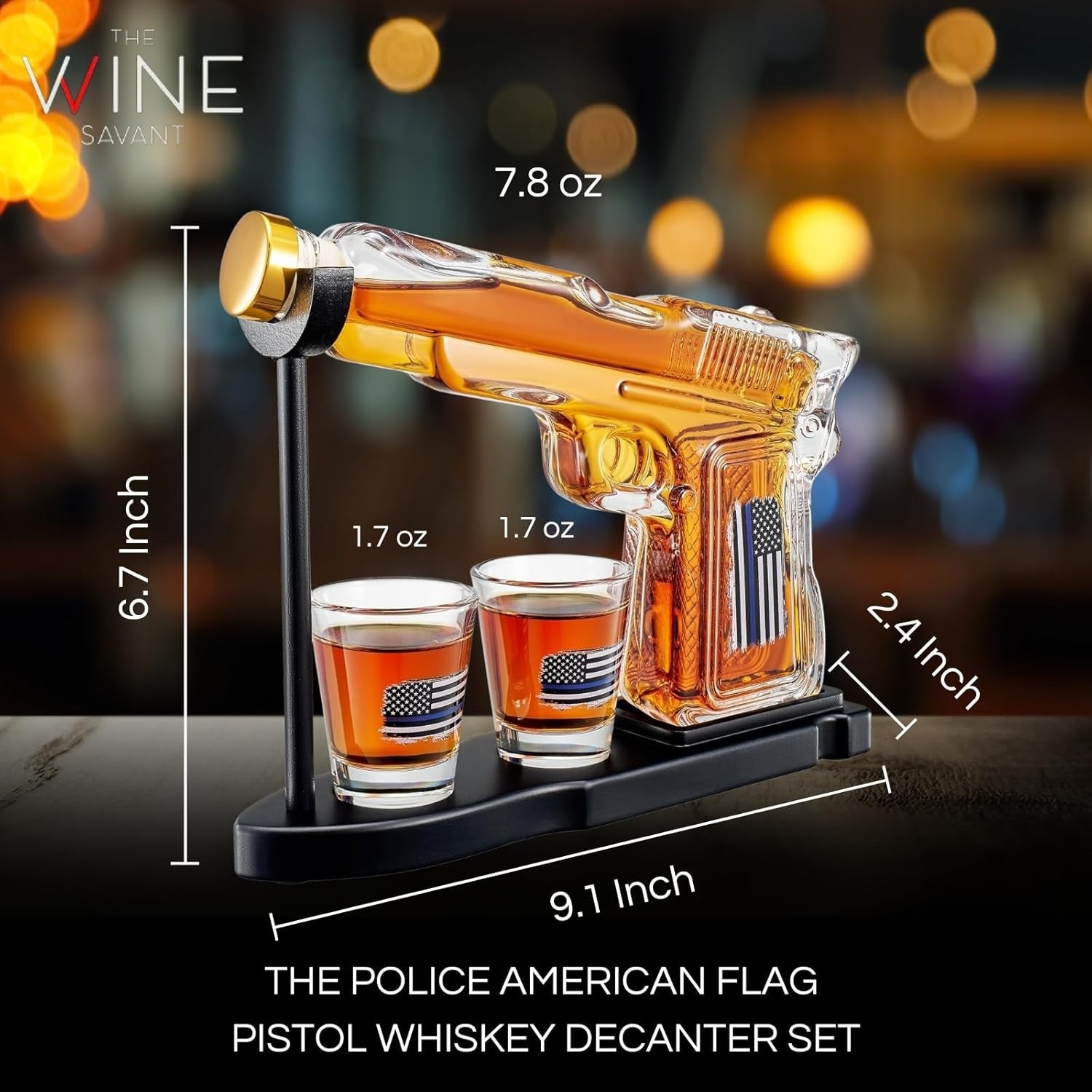 Whiskey Gun Decanter Set with Glasses & Stand – 8oz Pistol Bar Gift