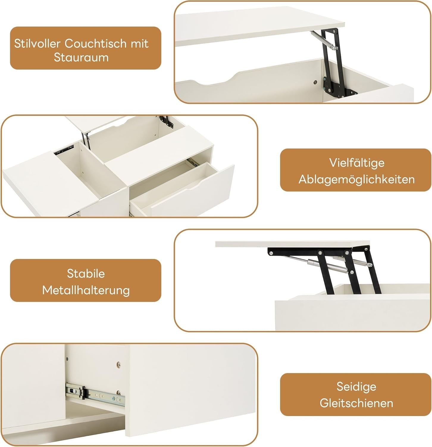 Lift-Top Coffee Table with Storage & Drawer, White 117x65x43cm