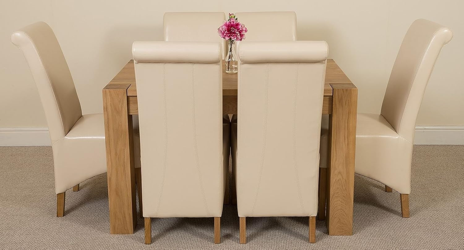 125x80cm Oak Small Dining Table & 6 Ivory Leather Chairs - Compact Set