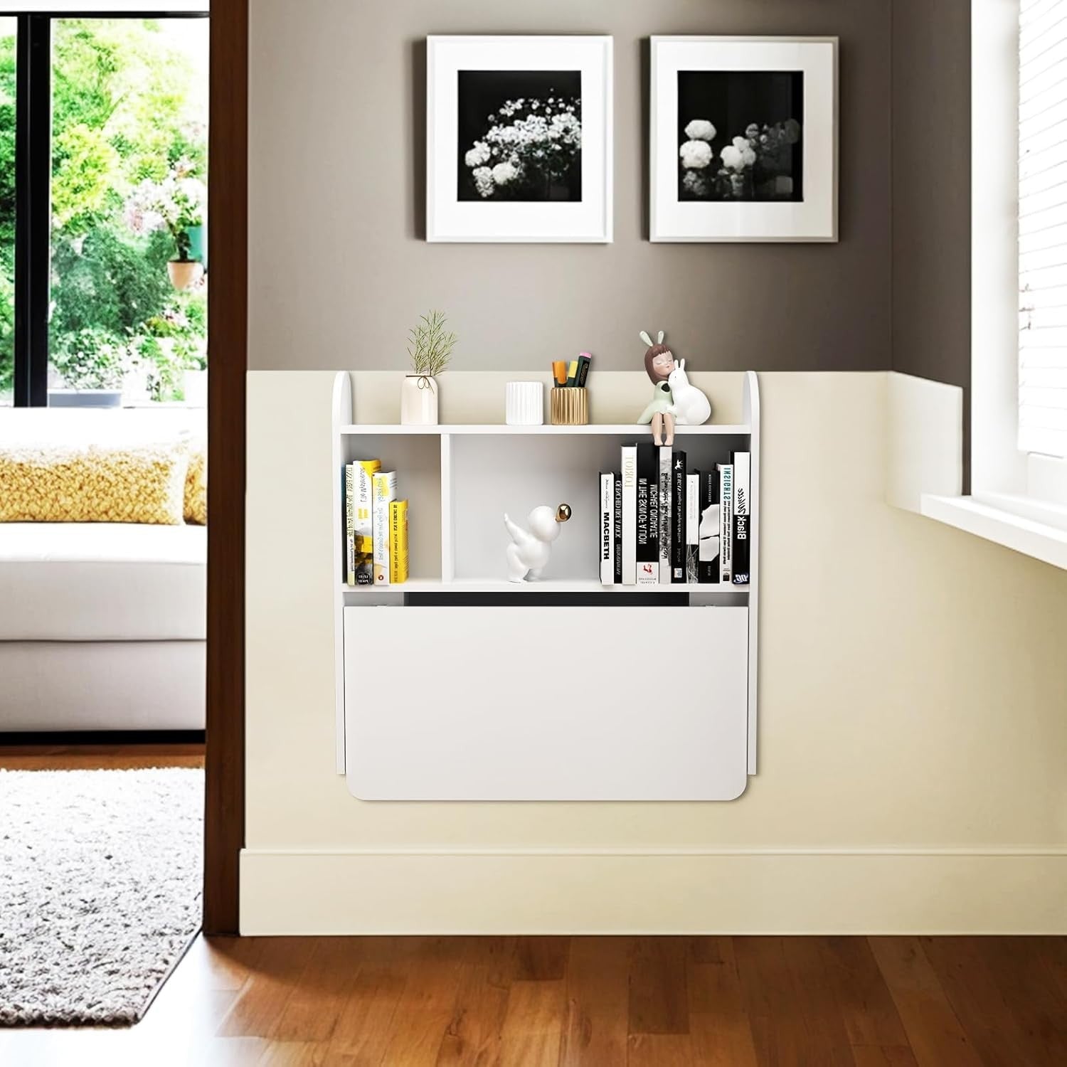 Wall Mounted Folding Desk Floating Laptop Table with Shelves Storage White