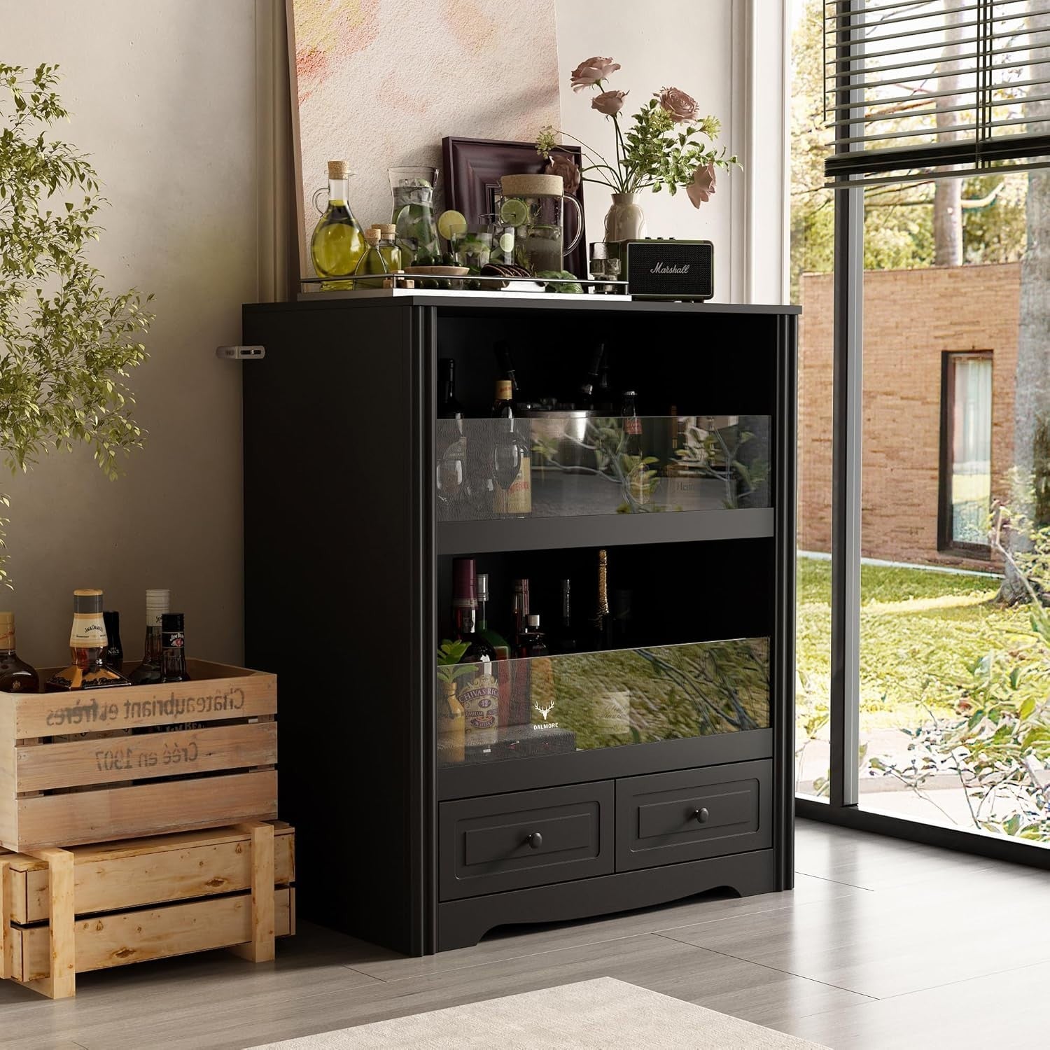 Black Wine Bar Cabinet with Glass Doors & Drawers, Modern Drinks Storage Unit