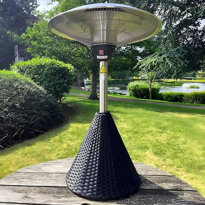 Outdoor Infrared Table Top Heater 2.1kW Rattan Base 3 Heat Settings IP44