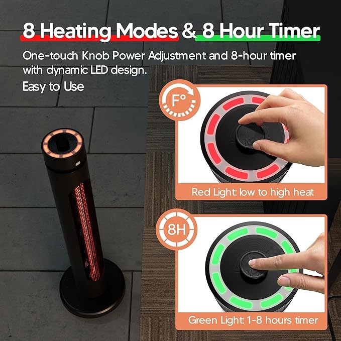 Outdoor Infrared Heater 1500W Fast Heating 8 Modes Remote Tip-Over Safe