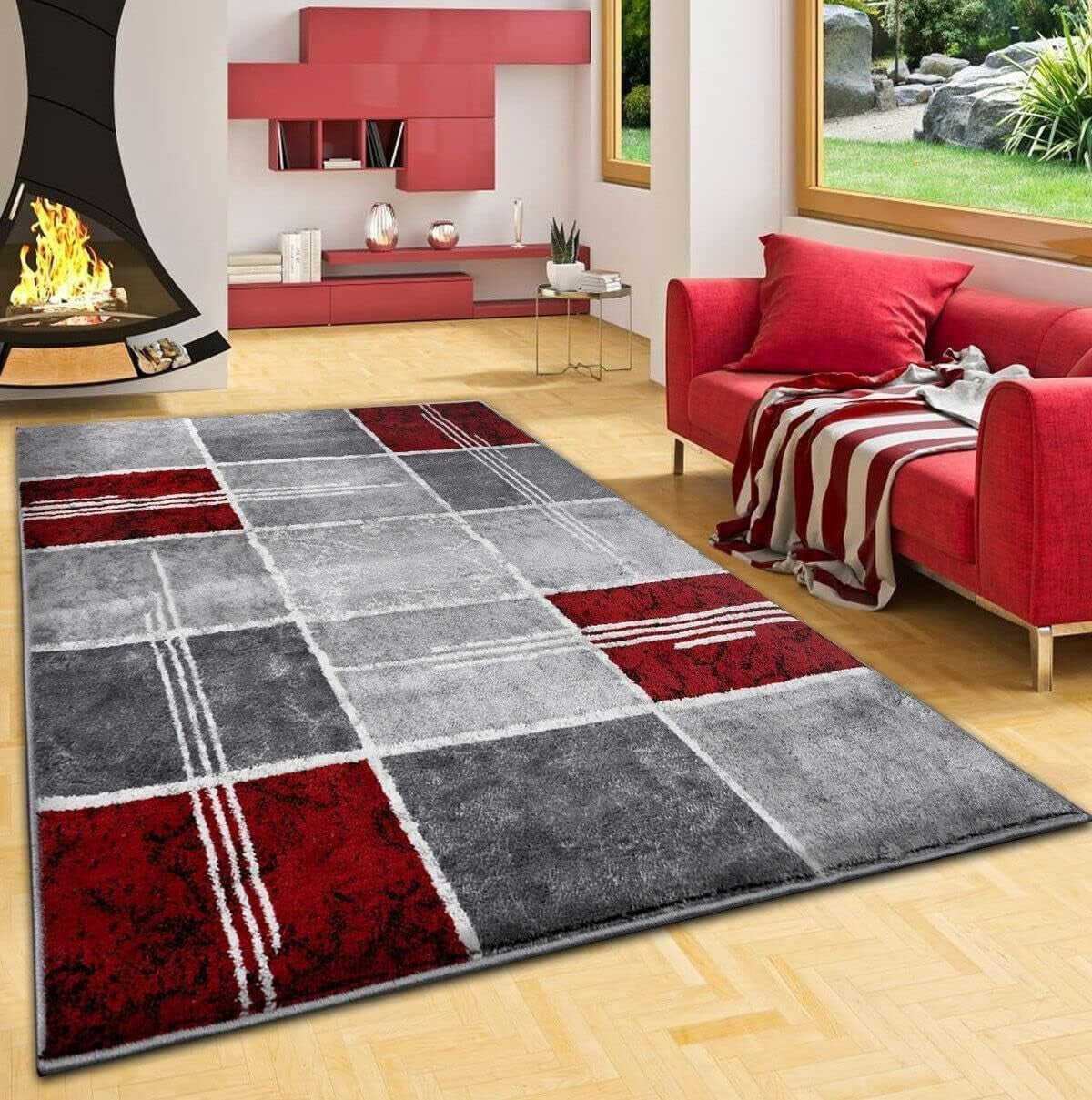 Soft Thick Pile Area Rug 6x9 Modern Red Grey Large Living Room Carpet